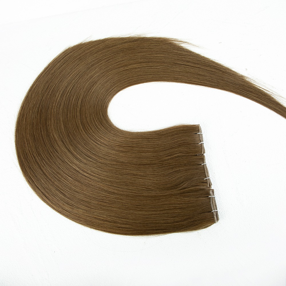 Brown hair extensions with clip-ins, displayed neatly on a clean white background. Ideal for adding volume and length to hairstyles.