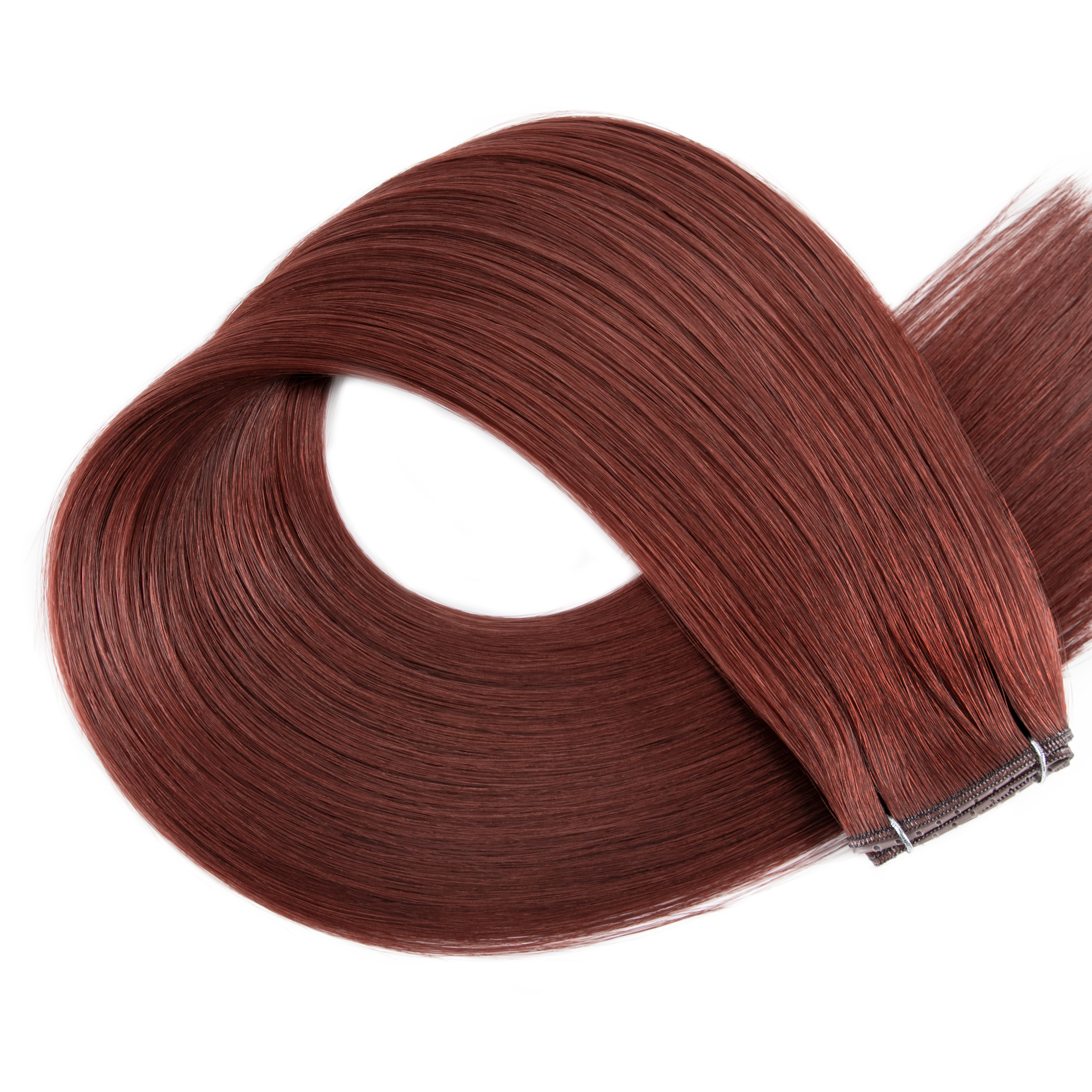 Rich auburn hair extensions showcased in a sleek, curved arrangement, highlighting their smooth texture and style versatility for hair enhancement.