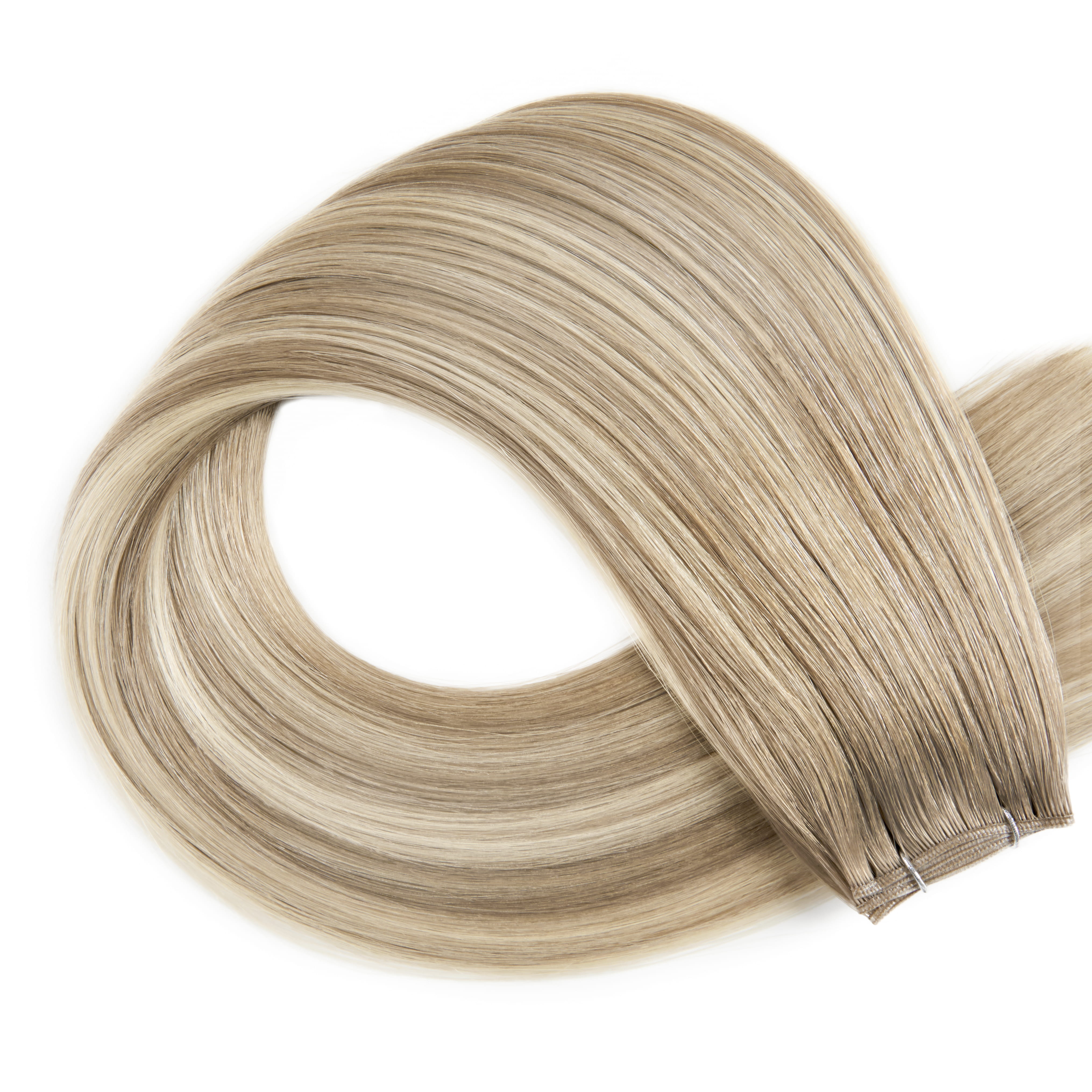 Sleek, blonde hair extensions with a natural gradient, showcasing their smooth texture and versatility for enhancing hairstyles.