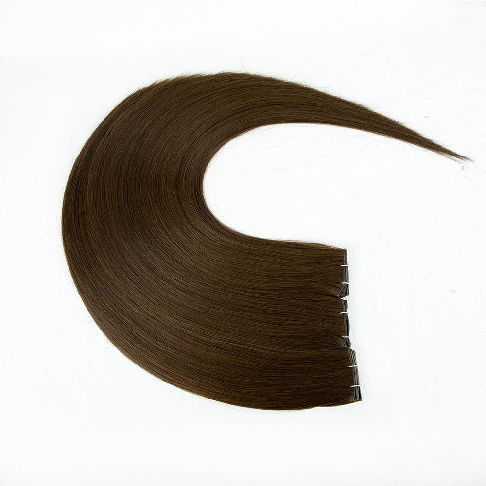 Brown hair extensions with clips, arranged in a curved shape against a white background, showcasing their smooth texture and length.