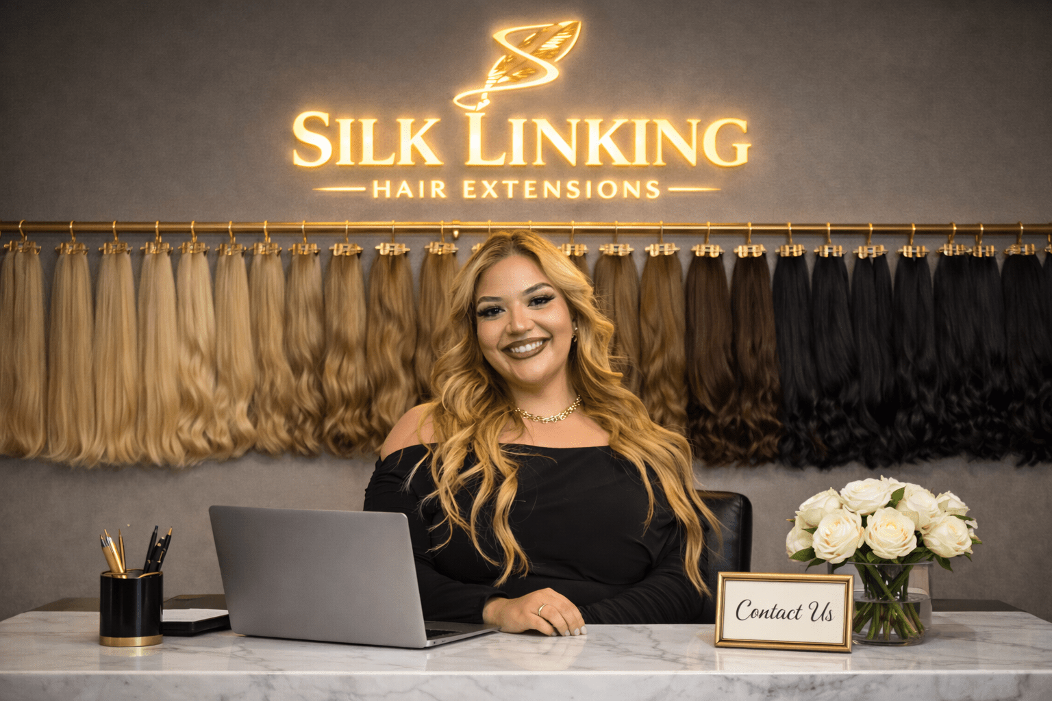 A smiling woman with long blonde hair sits at a marble desk in front of a display of various hair extensions, promoting Silk Linking Hair Extensions.