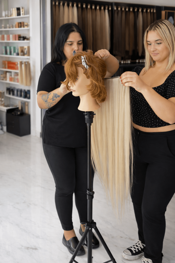 Two women work on a mannequin head with medium-length hair, adding long, blonde extensions in a hair salon setting.