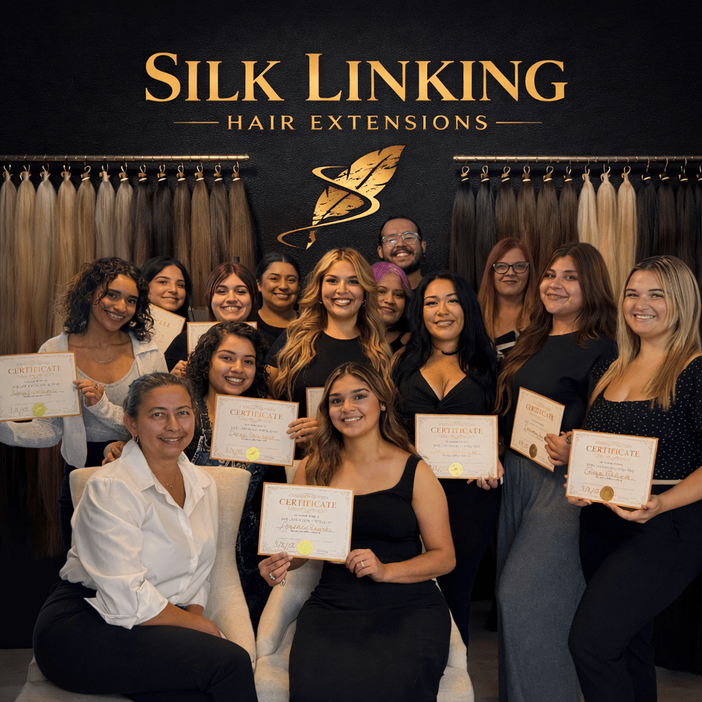 Stylists celebrating completion of hair extension certification at Silk Linking training program.