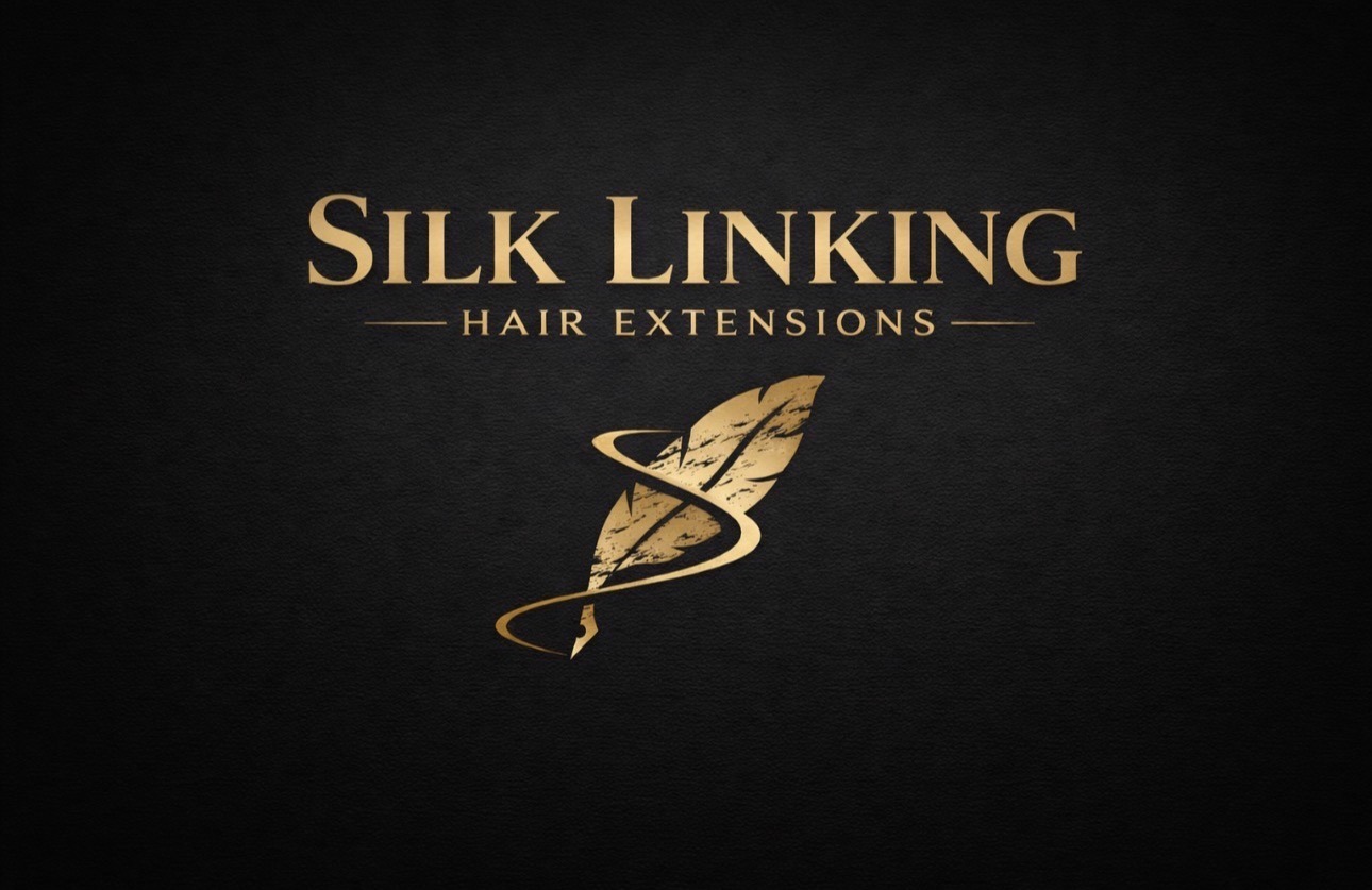 Gold text reads "Silk Linking Hair Extensions" alongside a stylized feather logo, set against a dark background, emphasizing luxury and elegance.