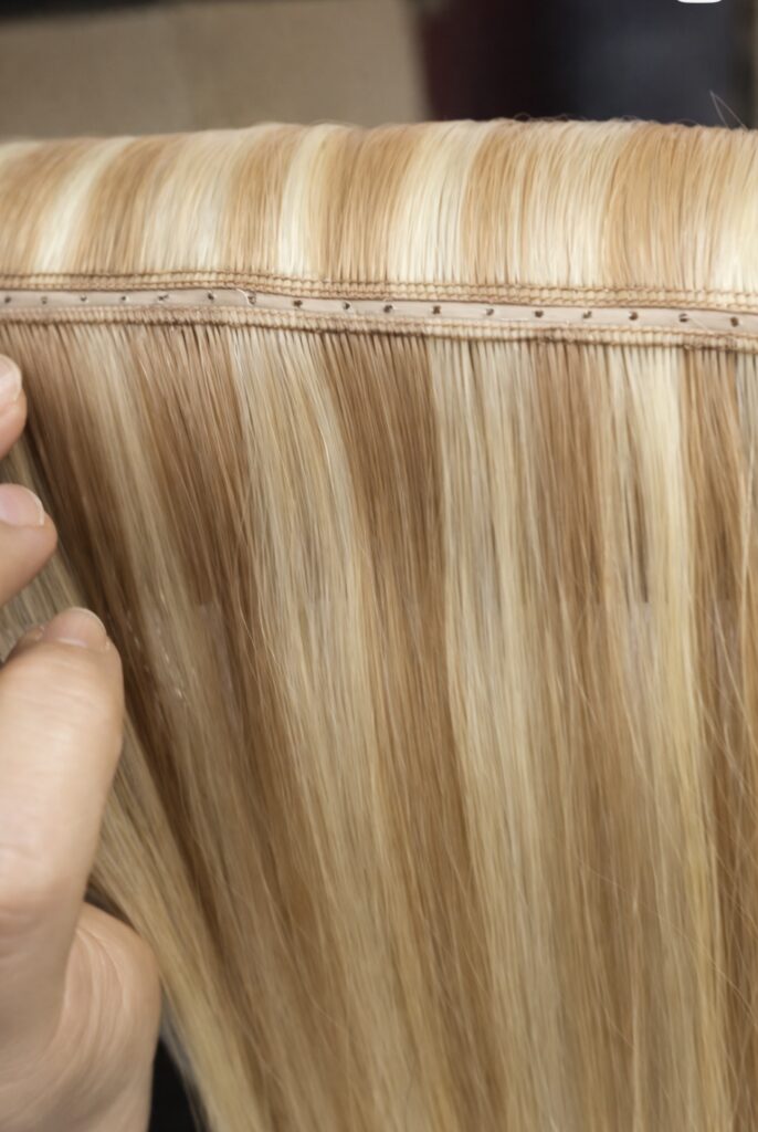 Close-up of a hand holding a strand of blonde hair extensions, showcasing the smooth, fine texture and attached wefts for easy application.
