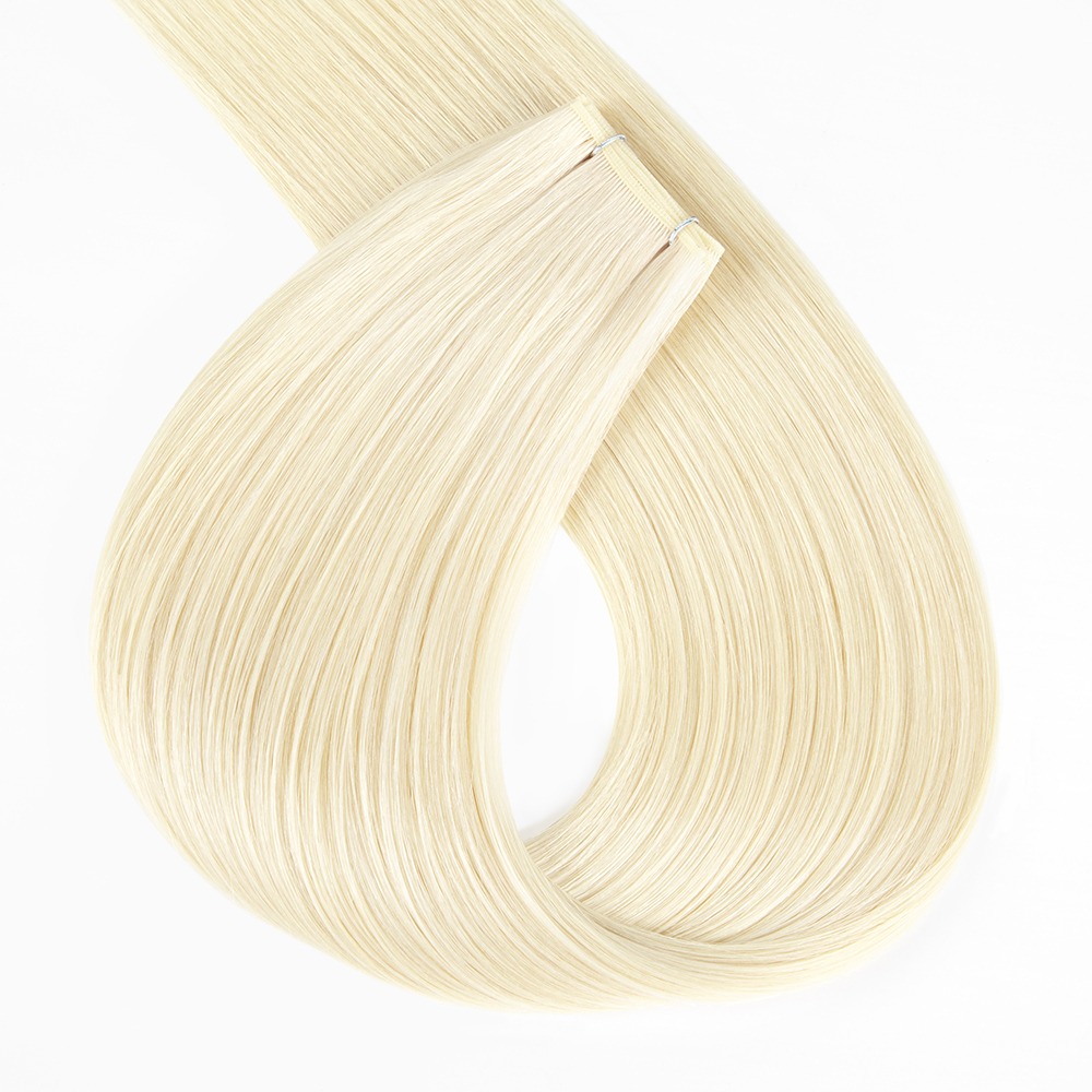 Straight blonde hair extensions with a seamless design, showcasing a smooth texture suitable for enhancing hairstyles.