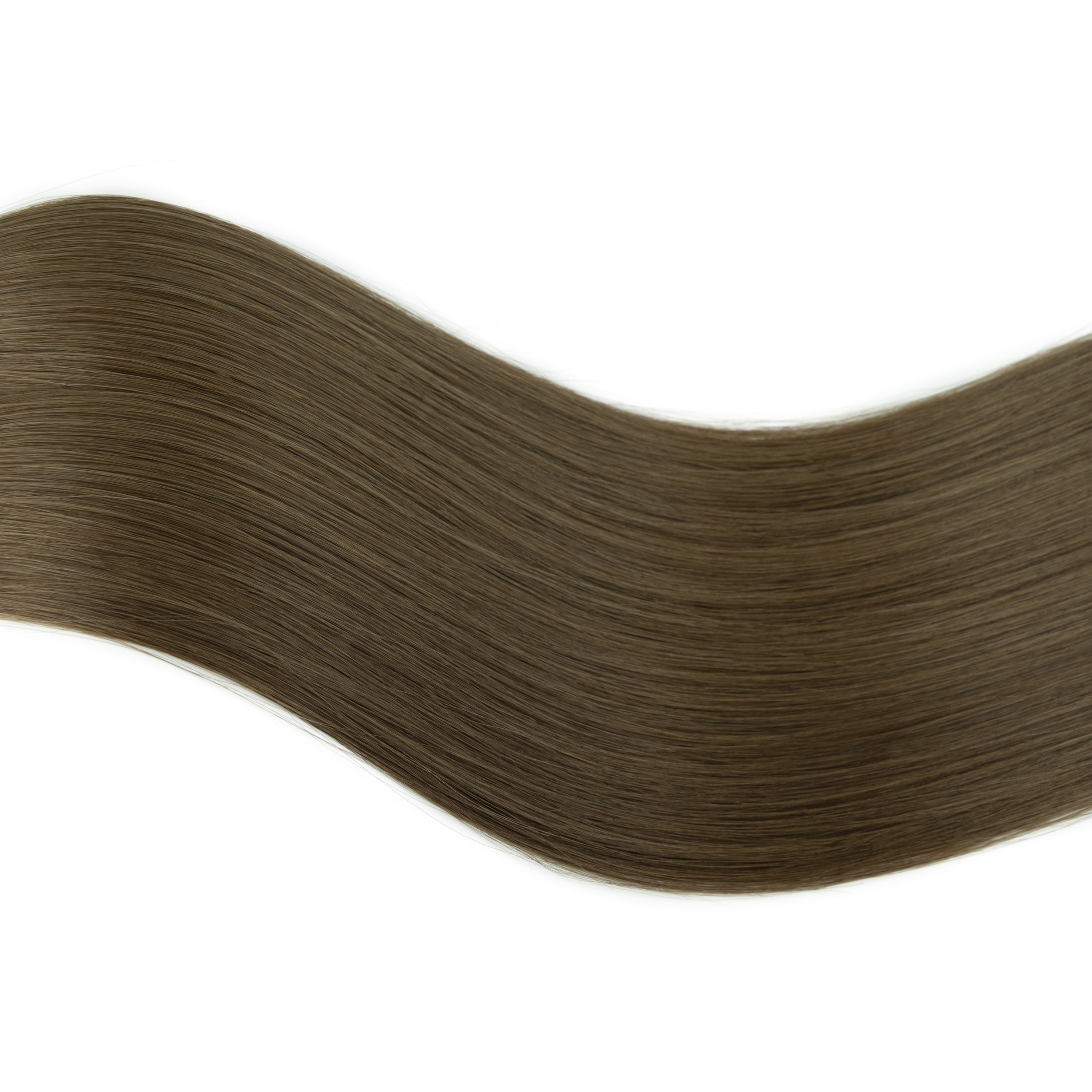 Smooth, flowing strand of dark brown hair against a white background, showcasing its texture and sheen, relevant for hair care or styling content.