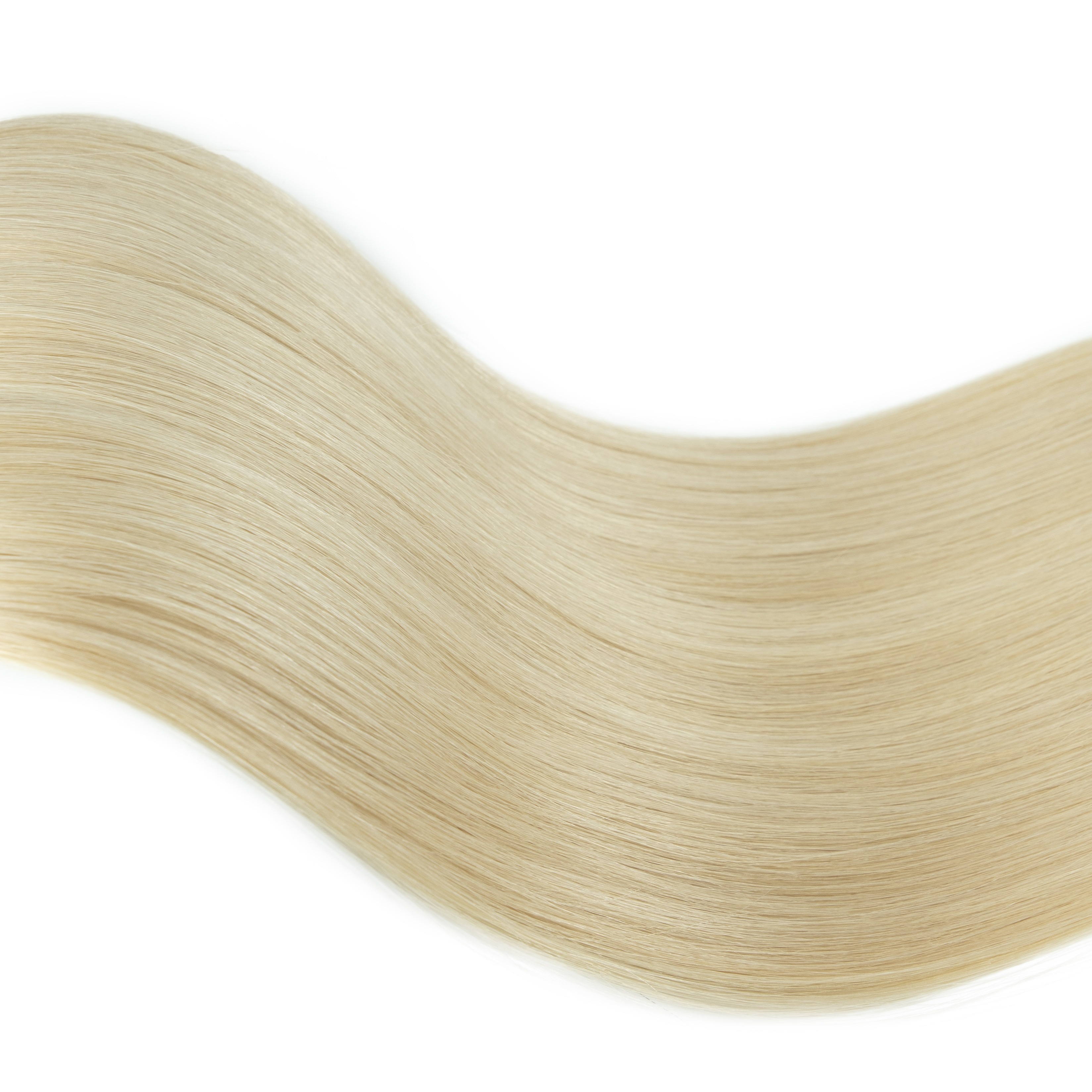 Silky blonde hair strands flowing elegantly, showcasing a glossy and smooth texture against a white background. Perfect for haircare context.