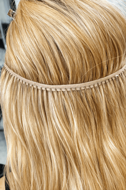 Close-up of a hair extension applied to wavy blonde hair, showcasing the seamless integration for added volume and length.