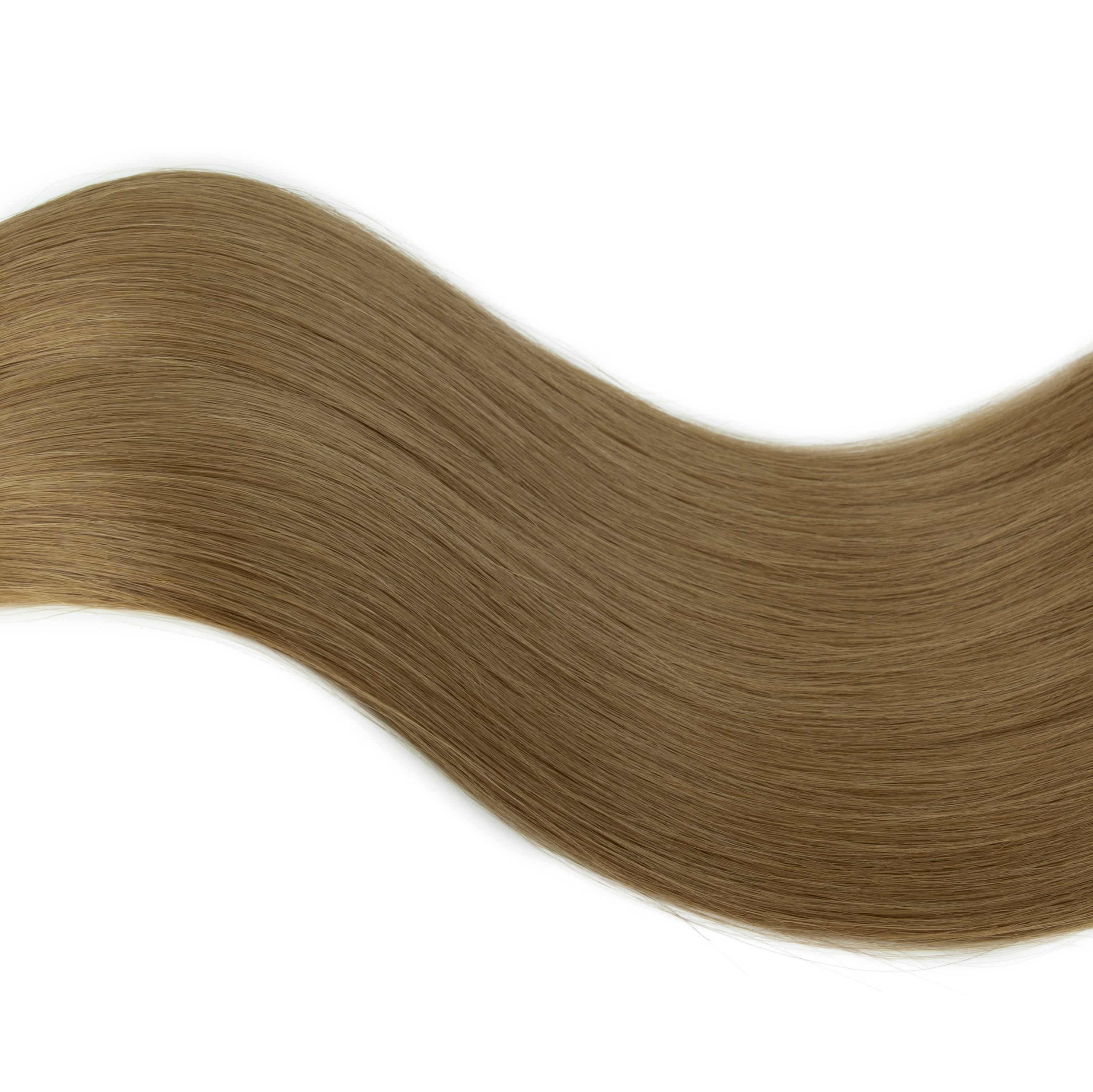 Smooth, wavy strands of medium brown hair on a white background, illustrating hair texture and color for beauty and styling reference.