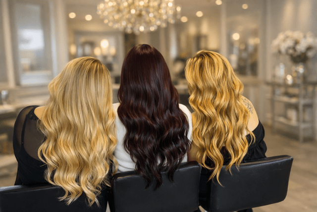 Three women with long, wavy hair sit side by side in salon chairs, showcasing different hair colors: blonde, auburn, and golden-brown.