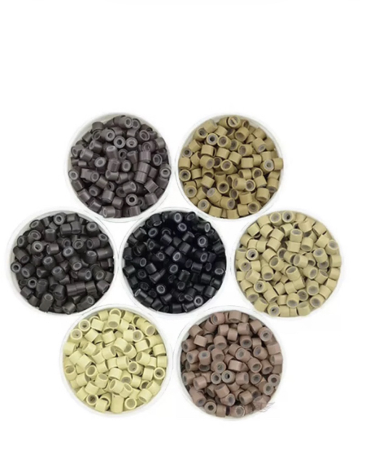 Assorted colored beads arranged in circular containers, showcasing a variety of textures and shades for crafting or design projects.