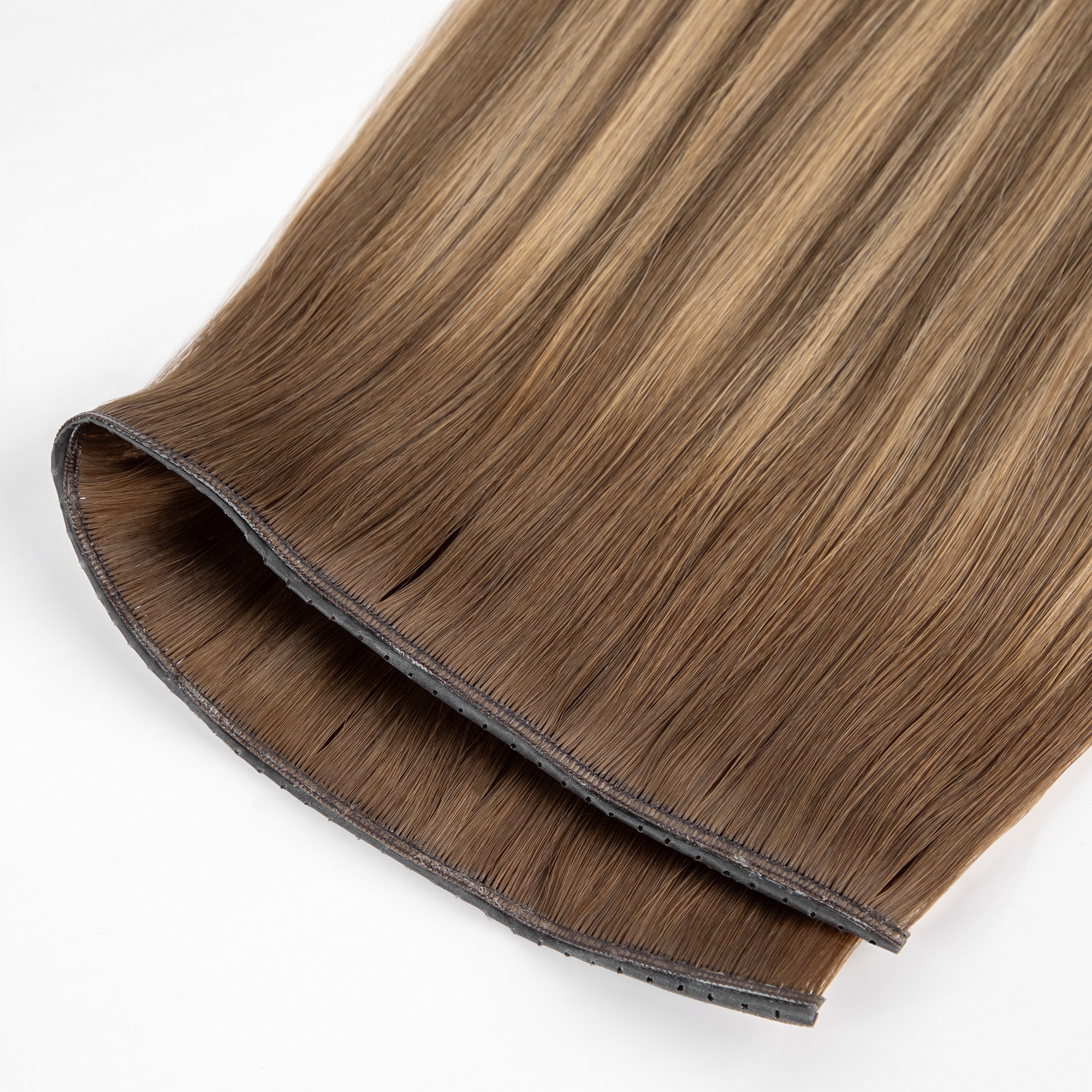Synthetic hair extensions in a sleek, straight style, showcasing a rich brown color with a subtle shine, ideal for enhancing hairstyles.