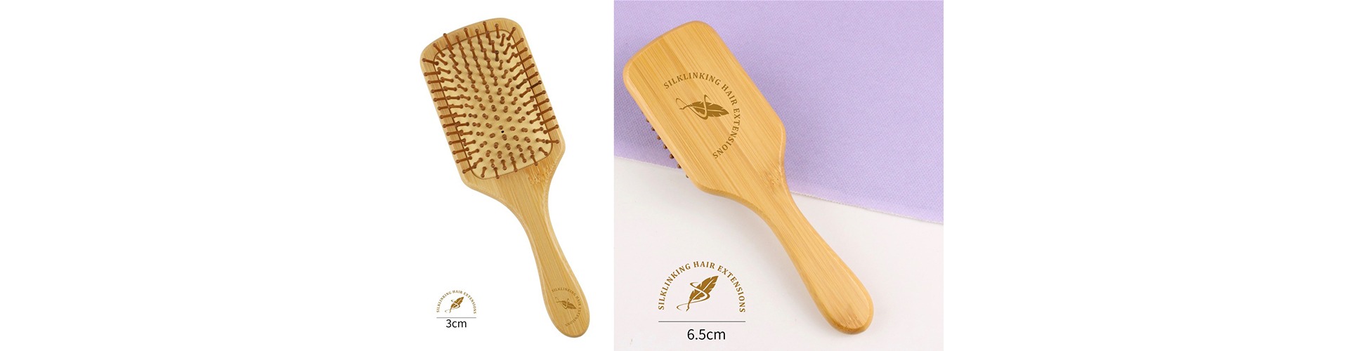 Bamboo hairbrush designed for gentle detangling. Features a wooden handle and ergonomic shape, ideal for maintaining hair extensions.