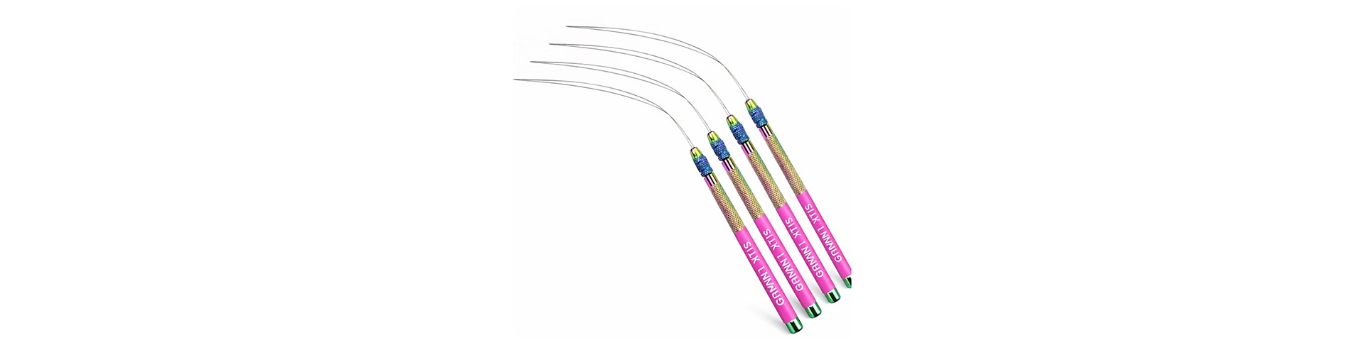 Four colorful crochet hooks with curved metal tips, designed for adding yarn to projects, highlighting ergonomic grips for comfort.