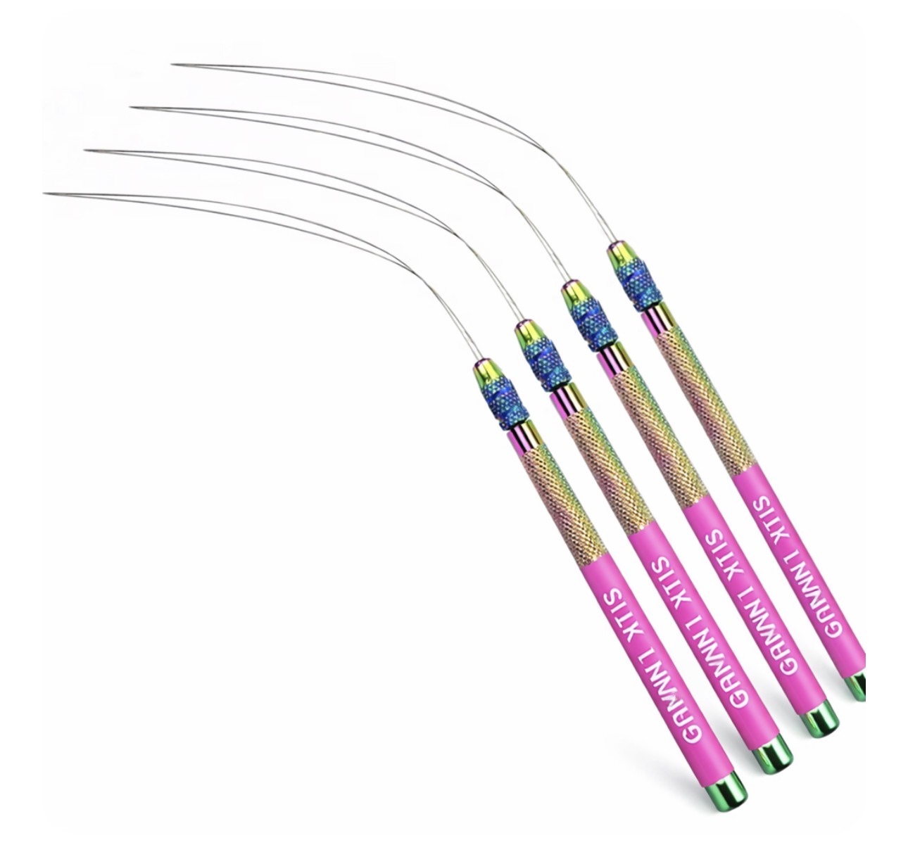 Four colorful crochet hooks with curved metal tips, designed for adding yarn to projects, highlighting ergonomic grips for comfort.