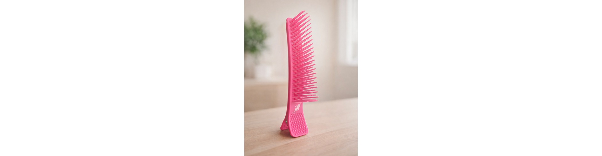 Bright pink comb displayed vertically on a wooden surface, highlighting its modern design. Ideal for hair care discussions or beauty product features.