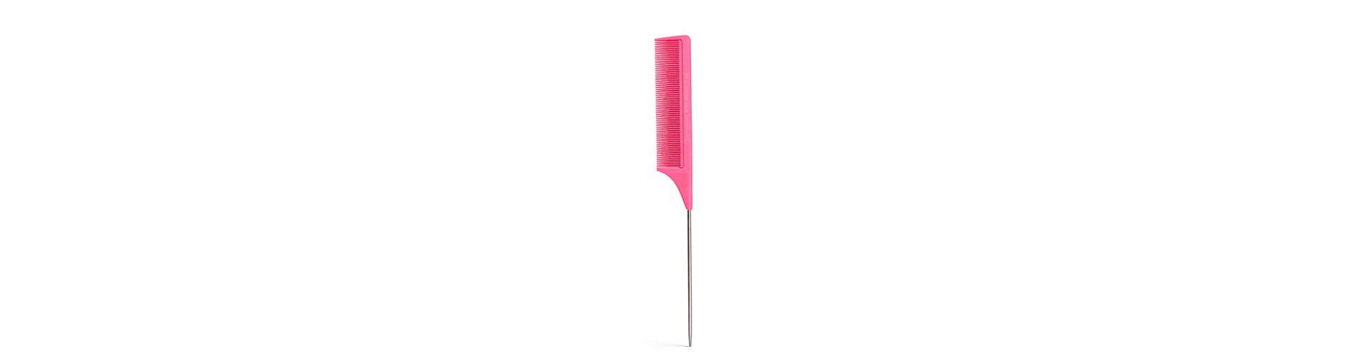 Bright pink hair comb with a pointed handle, ideal for styling and sectioning hair. Its vibrant color adds a playful touch to hair care.