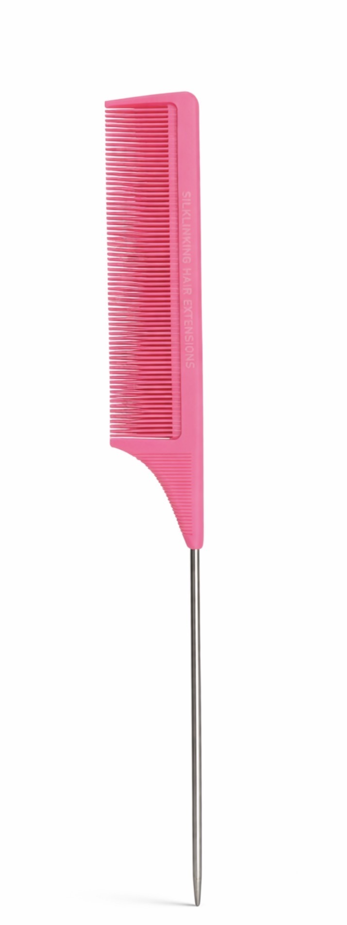Bright pink hair comb with a pointed handle, ideal for styling and sectioning hair. Its vibrant color adds a playful touch to hair care.