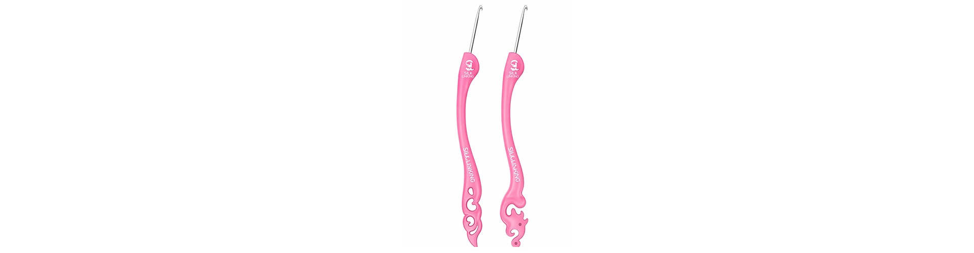 Two pink crochet hooks with unique designs, featuring smooth handles and metal tips. Ideal for crafting and creative projects.