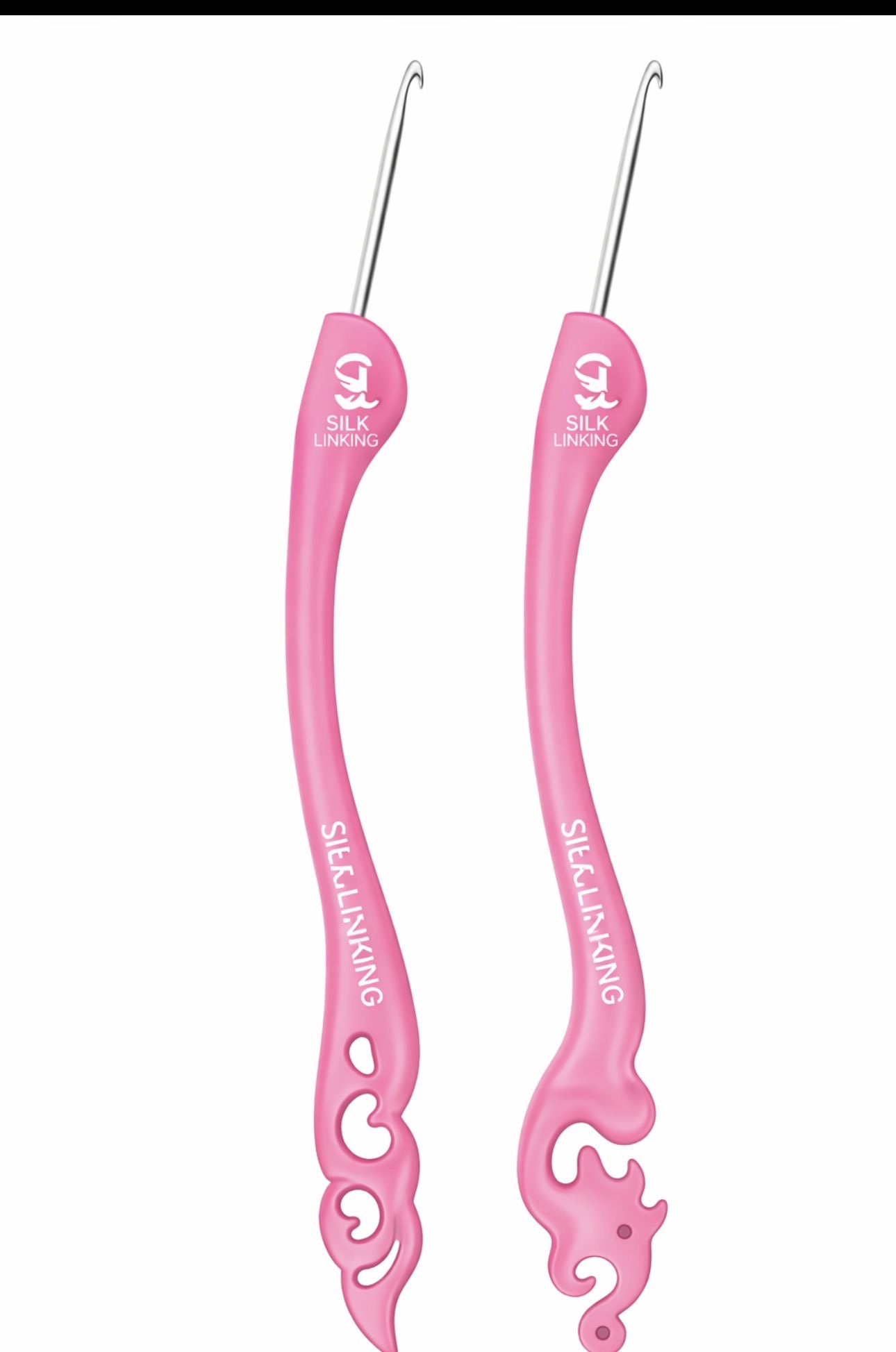Two pink crochet hooks with unique designs, featuring smooth handles and metal tips. Ideal for crafting and creative projects.